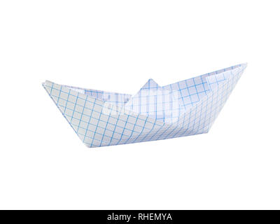 Paper ship (checkered paper) isolated on white background Stock Photo