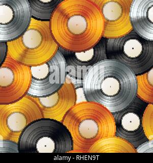 A lot of golden, platinum and bronze albums, vinyl discs seamless pattern Stock Vector