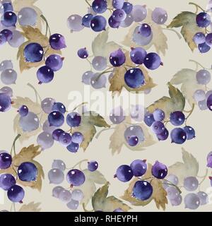 Seamless watercolor pattern with black currant Stock Photo