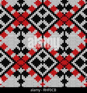 Knitting seamless ornament in red and black colors on the white background, vector pattern as a fabric texture Stock Vector