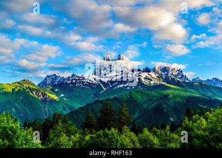 Snow-capped peaks on a background of white clouds and blue sky. Green hills and dense forests on the slopes. Morning sun shines on the rock wall. Moun Stock Photo