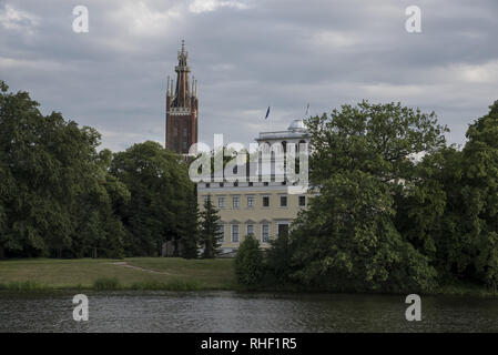 Wörlitzer Park with Wörlitz palace is a major part of the Dessau-Wörlitz Garden Realm,  which is a World Heritage Site in Germany. Stock Photo