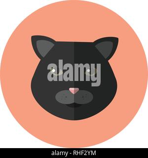 Round vector black cat icon on salmon pink background. Stock Vector