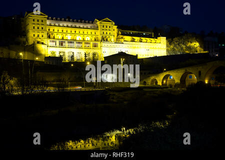 Old Cave of Saint Ignatius with lights in evening in Manresa Stock Photo