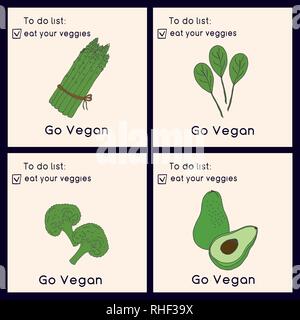 Happy Vegan day cards. Doodle style illustration. Greeting cards with inscription Go vegan. Eat your veggies cards. Vegetables. Stock Vector