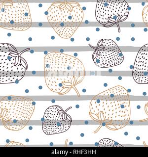 Seamless vector pattern with colorful line strawberries and blue dots on white grey striped background. Stock Vector