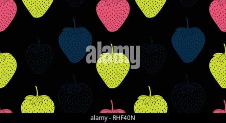 Seamless vector pattern with colorful strawberries on black background. Stock Vector