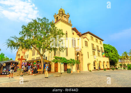 Los Angeles, California, United States - August 9, 2018: Olvera Street and Old Plaza Church or La Plaza United Methodist Church in El Pueblo, a State Stock Photo