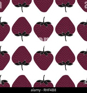 Vector black and plum strawberries on white background repeat seamless pattern Stock Vector