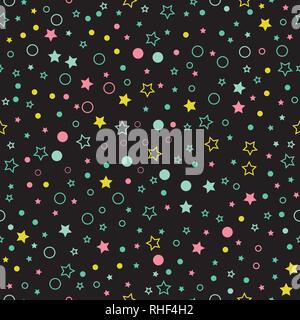 Seamless vector pattern with multicolor stars, circles and dots on black background. Stock Vector