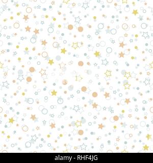 Seamless vector pattern with multicolor stars, circles and dots on white background. Stock Vector
