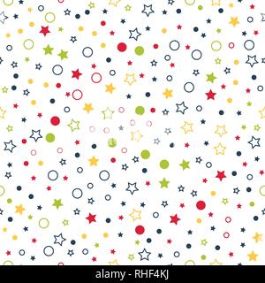 Seamless vector pattern with multicolor stars, circles and dots on white background. Stock Vector