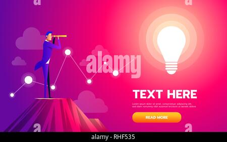 Businessman on top mountain holding telescope looking a idea. Success, leadership, achievement and goal concept. Startup vector illustration flat Stock Vector