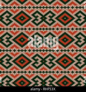 Knitted geometric ornate pattern in green, orange and beige hues, seamless vector as a fabric texture Stock Vector