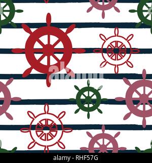 Vector multicolor wheels repeat seamless pattern on white and blue striped background. Stock Vector