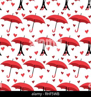 seamless pattern with eiffel tower with umbrella and hearts. vector Stock Vector