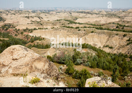 View of the Badlands in Theodore Roosevelt National Park from the Ridgeline Trail, North Dakota Stock Photo