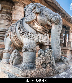 Belavadi, Karnataka, India - November 2, 2013: Veera Narayana Temple. Closeup of gray stone large statue of elephant on steps to sanctuary. Stock Photo