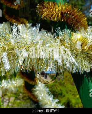 Christmas Australia TinselOutdoor Christmas decorations in  Australia including Tinsel and mirrored baubles Stock Photo