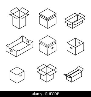 Set of different cardboard boxes from thin lines isolated on white background. Packaging design elements. Flat 3D isometric style, vector illustration Stock Vector