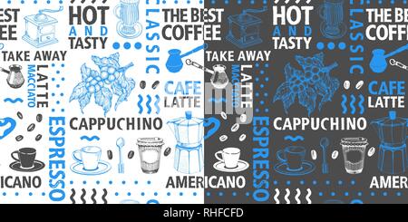 Typographic vector coffee seamless pattern on light and dark background. Types of coffee and hand drawn illustrations for cafe and packaging. Vintage  Stock Vector