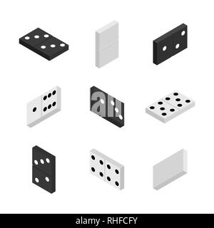 Set of game icons. Black and white items for play of dominoes. Flat 3D isometric style, vector illustration. Stock Vector