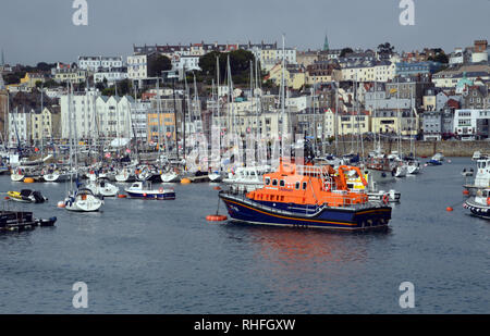 The RNLI Severn class Lifeboat 'Spirit of Guernsey' Moored up in St Peter Port Harbour Guernsey, Channel Islands.UK. Stock Photo