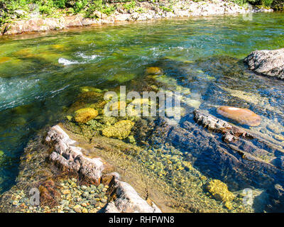 Rapid stream of mountain river with clean transparent water and colorful stones and pebbles on bottom - ecology and environment conservation concept Stock Photo