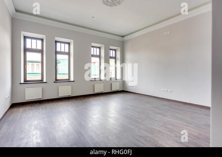 Side view of unfurnished room loft interior with wooden floor, white walls  with bright daylight Stock Photo
