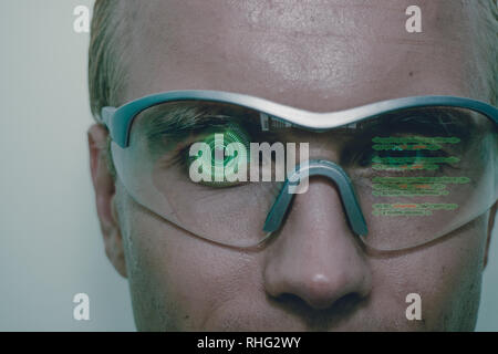 smart glasses futuristic technology concept, man wear smart glasses with augmented reality to Managing field service and assembly, in warehouse as add Stock Photo