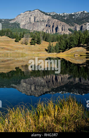 WY03094-00...WYOMING - Hills reflecting in Trout Lake located in the Soda Creek Valley of Yellowstone National Park. Stock Photo