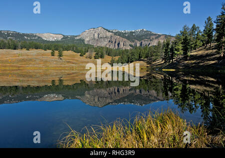 WY03095-00...WYOMING - Hills reflecting in Trout Lake located in the Soda Creek Valley of Yellowstone National Park. Stock Photo