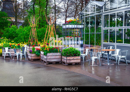 Wonderful spring landscape, fabulous ornamental garden, colorful spring flowers, fresh tulips in the best touristic park. Greenhouse, flower shop and  Stock Photo
