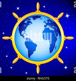 Illustration of the gold steering wheel and globe in space. Elements of this image furnished by NASA. Source of map:  http://visibleearth.nasa.gov/vie Stock Vector