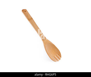 Wooden plate, bowl, spoon and fork isolated on white background bamboo top view Stock Photo