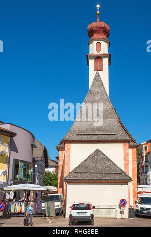 Church in Ortisei at an Italian alp village Stock Photo