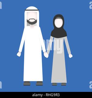 Muslim man and woman. Traditional arabic couple hold hand, arab man and woman character background copy space horizontal flat vector illustrationflat  Stock Vector
