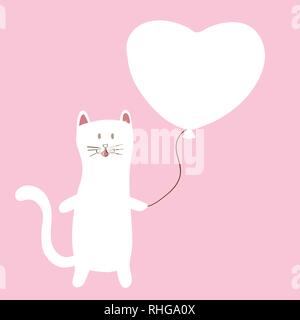 Adorable White Cat with holding a white balloon, character design, Doodle cartoon style, vector illustration Stock Vector