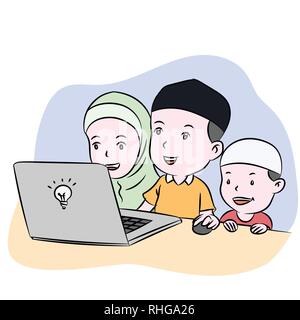 Muslim Kids watching desktop hand drawn for coloring book, education concept - Cartoon Vector Illustration Stock Vector