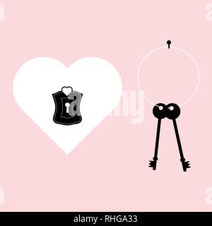 Valentines Day Heart Lock And Black Key for Valentines day greeting card, Flat Icon On Pink Background. Vector Illustration. Stock Vector