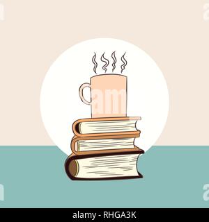 Hot coffee in cub on books, for banner, poster, food and drinks, business concept. Vecter Illustration