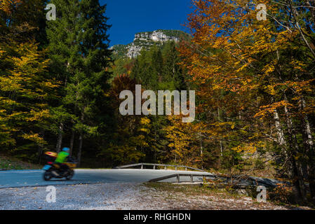 Nationalpark Triglav, Tolmin, Goriska, Slowenien, Europa, Oct. 2018, Motorcycle in autumnal colorful national park Stock Photo