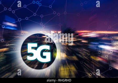 5G or LTE presentation. Blurred modern city on the background Stock Photo