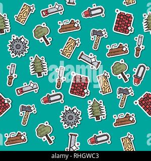 Lumberjack isometric color icons pattern of woodworking tools lumber trucks and other isolated vector illustration Stock Vector