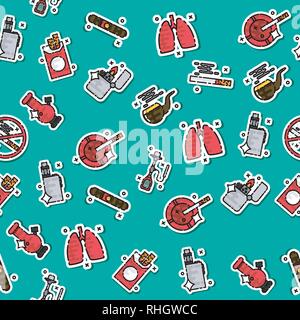 Colored smoking pattern. Tobacco and smoking sketch set. Vector poster of cigarettes, cigars, hookahs, tobacco leaves, ceremonial pipe, lighter and as Stock Vector