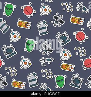 Colored space pattern. Illustration with rocket, aliens, shuttle, planet and stars. Astronomy white black background. Stock Vector