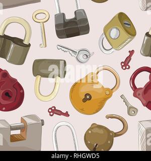 Doodled set of Different Locks and Keys pattern. Vector illustration, EPS 10 Stock Vector