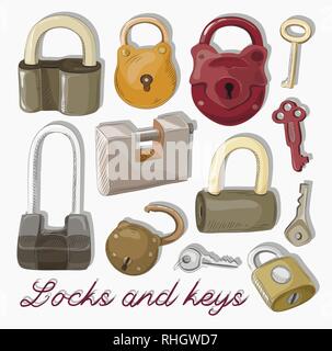 Doodled set of Different Locks and Keys. Vector illustration, EPS 10 Stock Vector