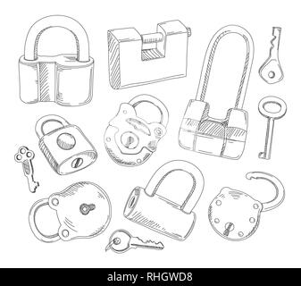 Doodled set of Different Locks and Keys pattern. Vector illustration ...