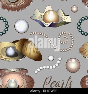 Pattern of shell with pearl isolated on light background. Vector illustration. Stock Vector
